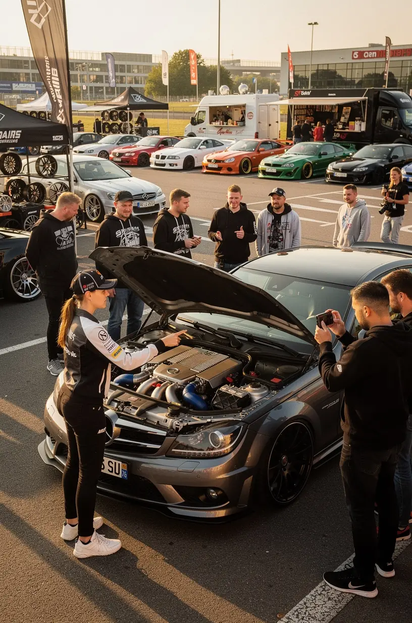 Techniker überprüft präzise Fahrzeugkomponenten zur Leistungssteigerung in einem spezialisierten Auto-Tuning-Studio.